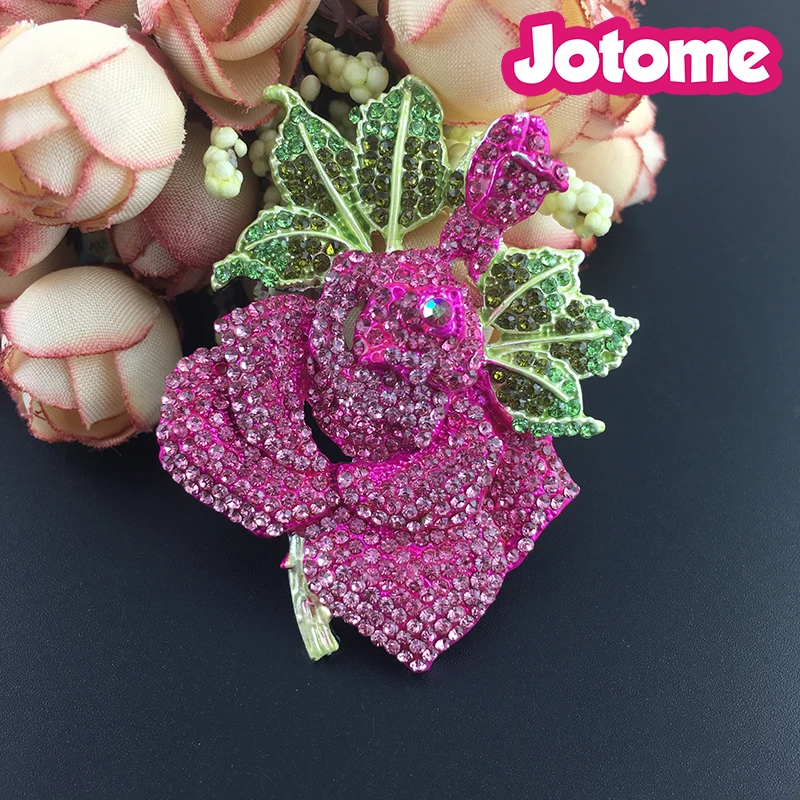 100pcs/lot Hot Sale Pink Rhinestone Rose Flower with Green Leaf Brooch Pin/broach for gift/party