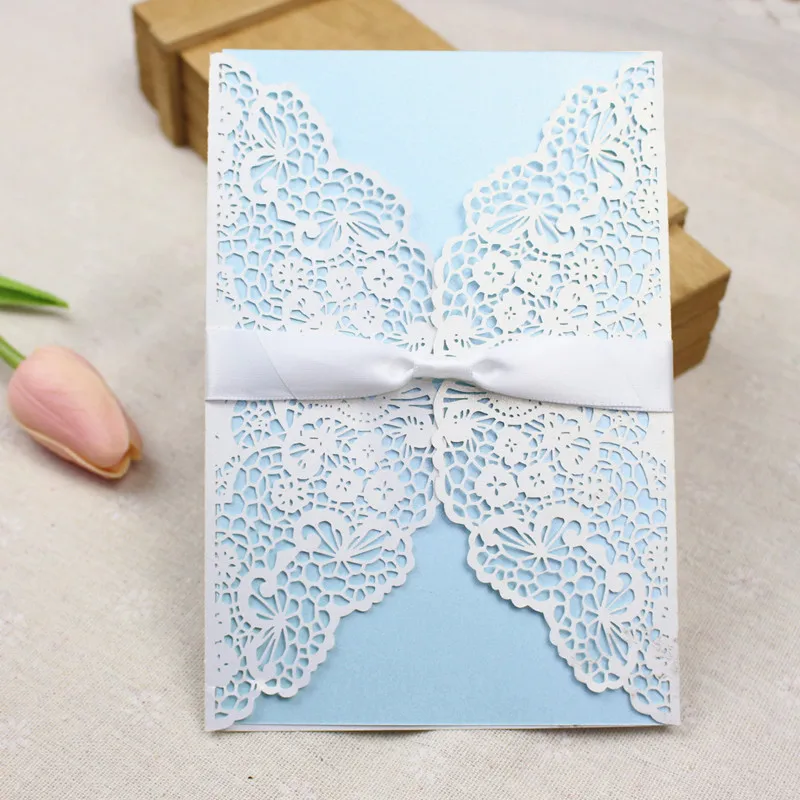 

Elegant wedding invitation cards white blue with ribbon shiny wedding paper invitation 50pcs/lot