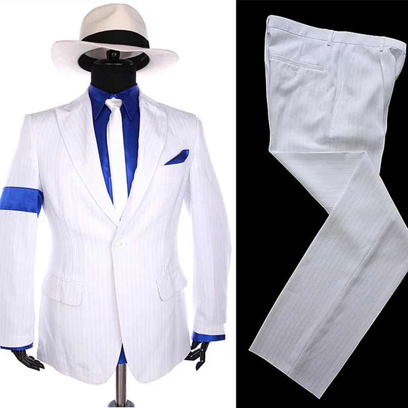 MJ Michael Jackson Stripe Classic BAD Smooth Criminal 1990S White Blazer Suit Shirt Tie Hat Halloween Costume Chistmas Gift