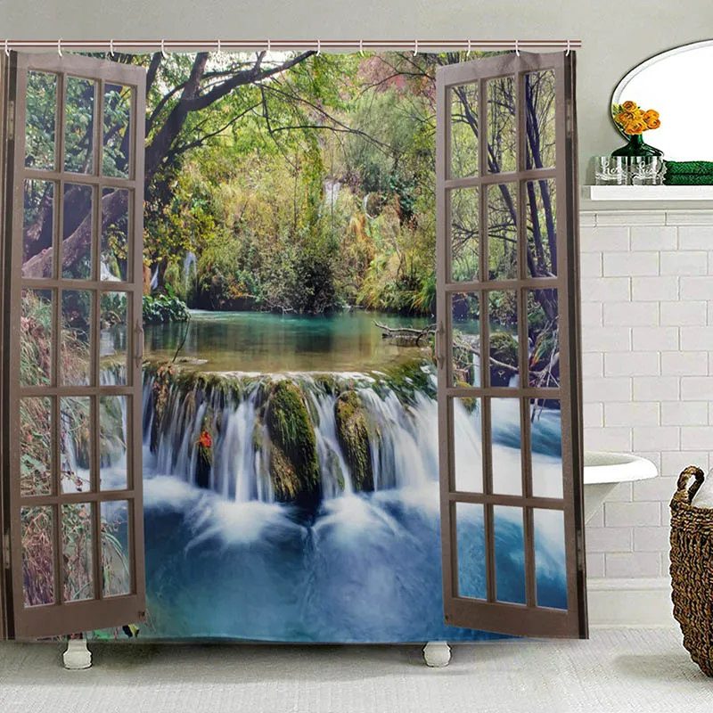 Wide Waterfall Deep Down in The Forest Seen from A City Window Epic Surreal Decorative Shower Curtain Landscape Bathroom Curtain