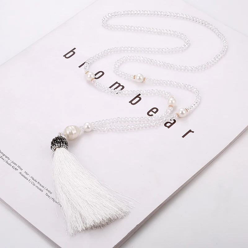 Fashion Tassel Long Necklace For Women Crystal Beads Baroque Pearl Vintage Necklaces Handmade White Blue Red Fringe Necklace