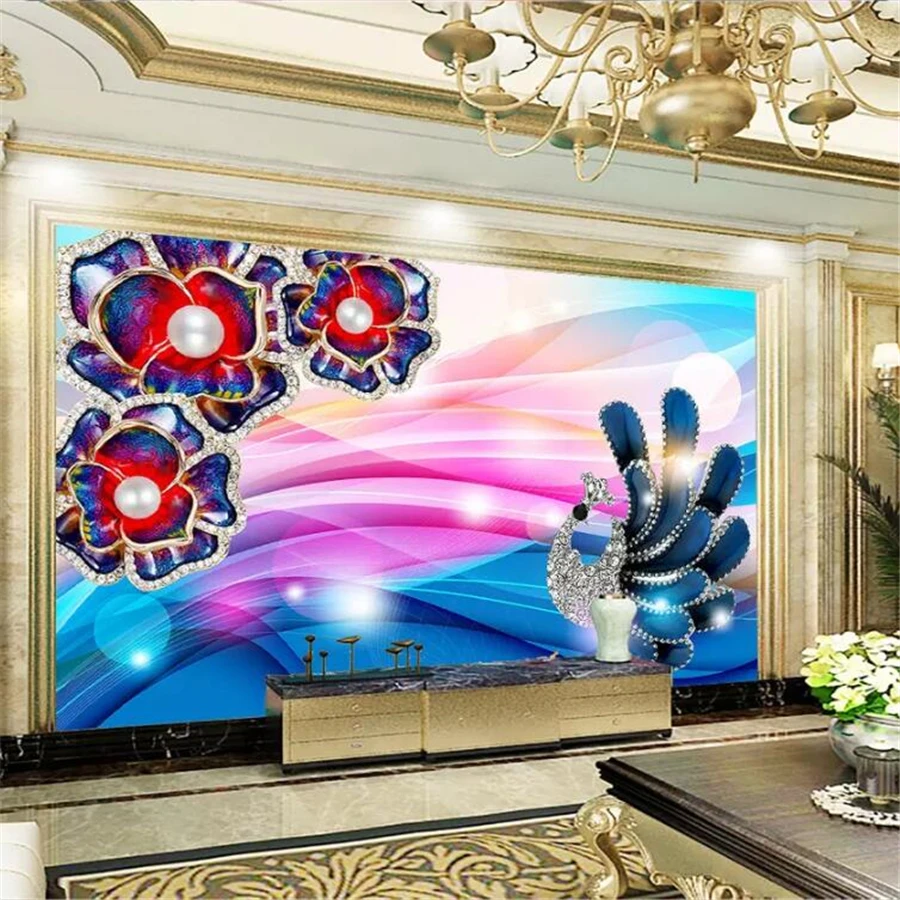 

Beibehang Custom wallpaper 3d murals set with diamonds peony flowers beautiful colorful peacock jewelry TV background wall paper