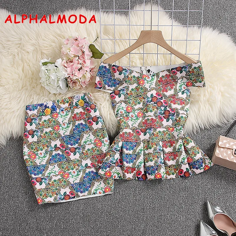 

ALPHALMODA 2019 Summer Women Bandage Crop Top Skirt 2pcs Set Floral Printed Stretchy Peplum Fit Jacket Mini Skirt Sexy Suits