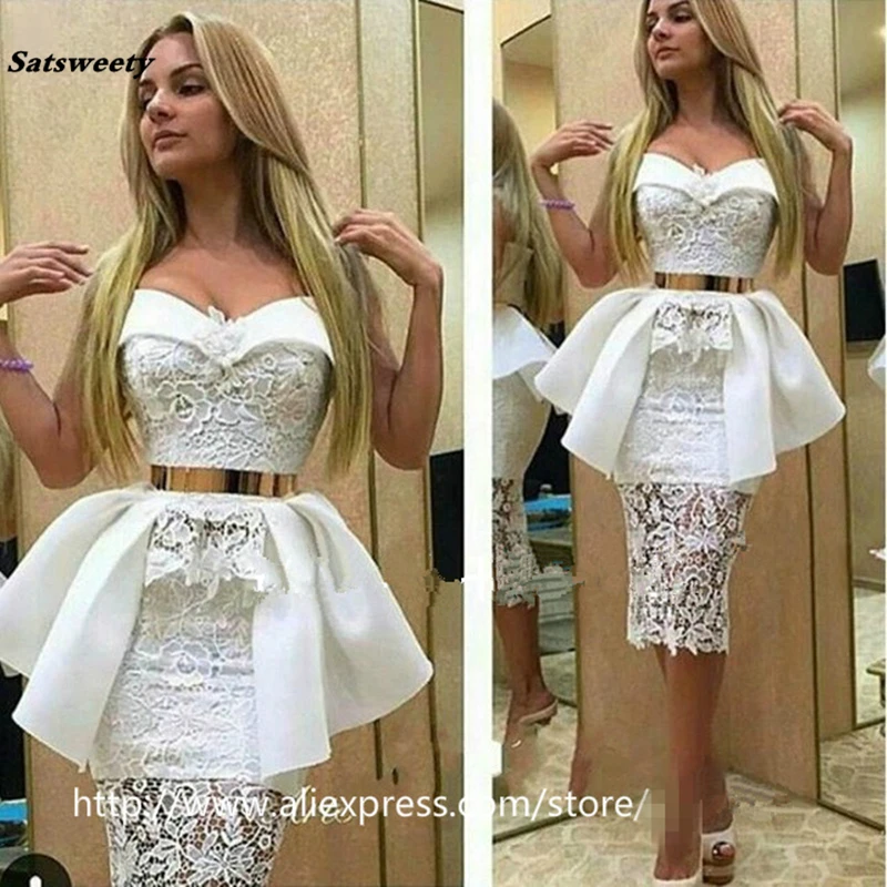 White Lace Prom Dresses Gold Sashes Unique Fashion Waist Design Knee Length vestidos de formatura Evening Dress