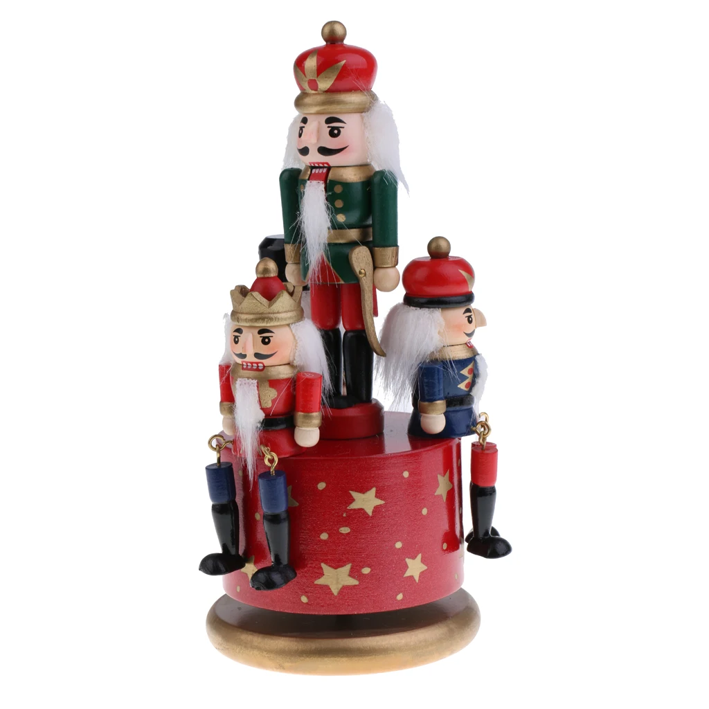 Handmade Wooden Nutcracker Music Box w/ 4 Soldiers on Base for Home Ornament Table Decorations Christmas Decor Display Gift Toy