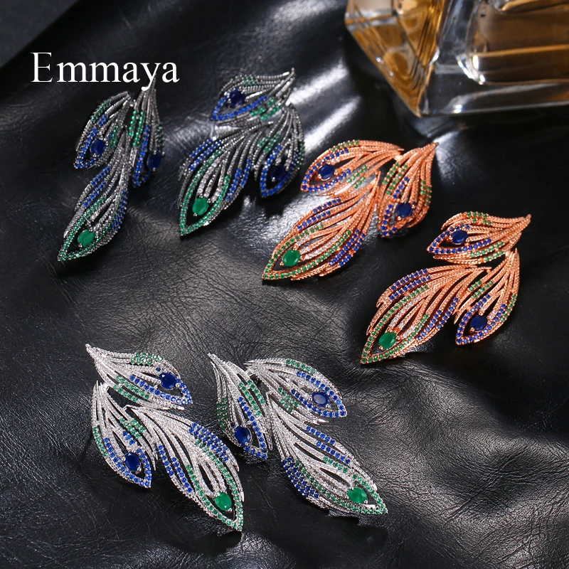 Emmaya Brand Charm Multicolor Fashion Gorgeous AAA Cubic Zircon Feather Shape Earrings For Woman Wedding Christmas Party Gift