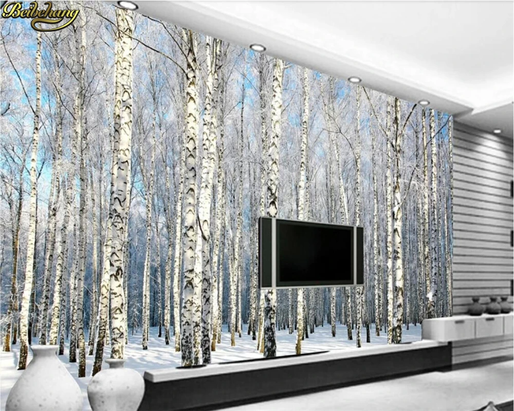 beibehang Custom Photo Wallpaper Mural White Birch Forest Snow Landscape TV Background wall papers home decor papel de parede