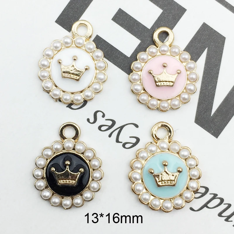 10pcs/pack 13*16mm Pearl Round Crown Enamel Charms Bracelet Pendant For DIY Handmade Earring Jewelry Golden-colour Finding YZ057