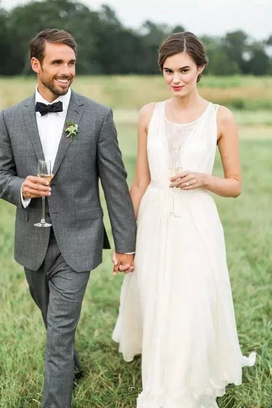 Vestidos de Novia de playa, línea A Simple, cuello transparente, sin mangas, gasa de encaje hasta el suelo, Vestidos de Novia de campo