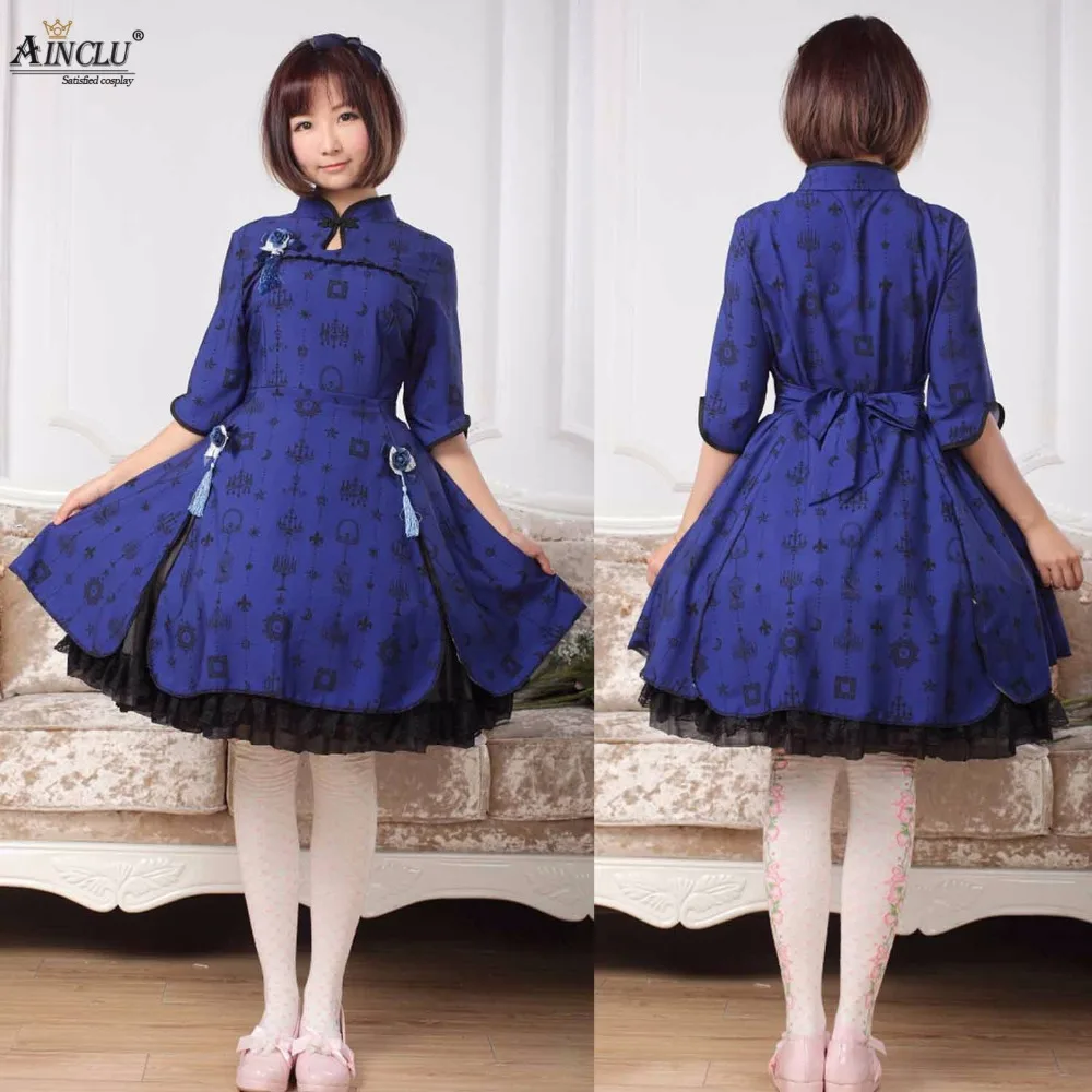 Ainclu Sweet Style Women's Blue Polyester Soft Adorable Sweet Vintage Princess Printing Lolita Dress