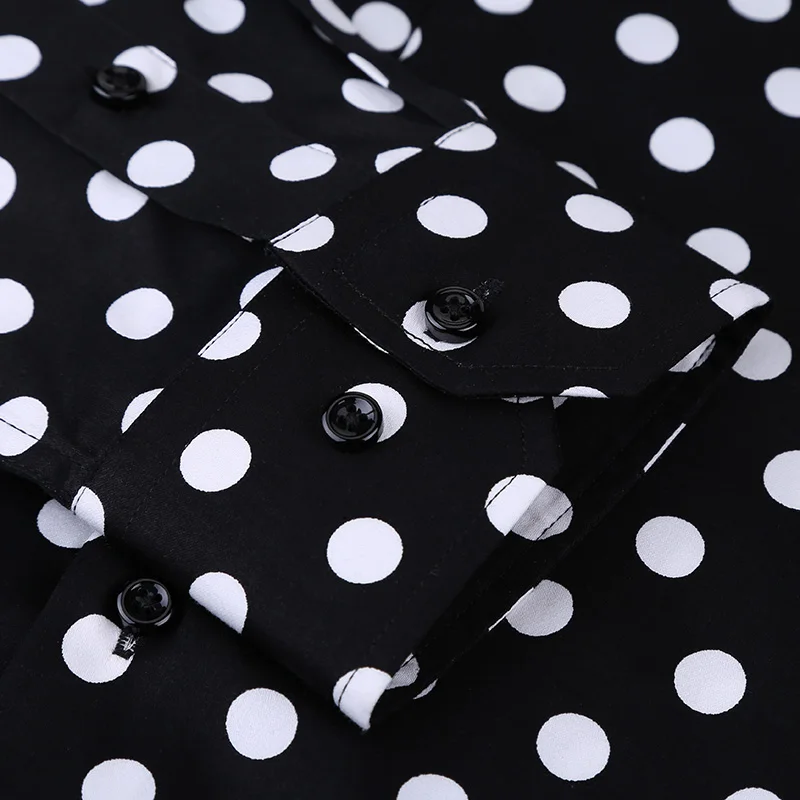 Männer Polka Dot Druck Langarm Shirt Mode Männlichen Kleid Shirts Casual Formale Baumwolle Schwarz Weiß Punkte Jugend Kleidung