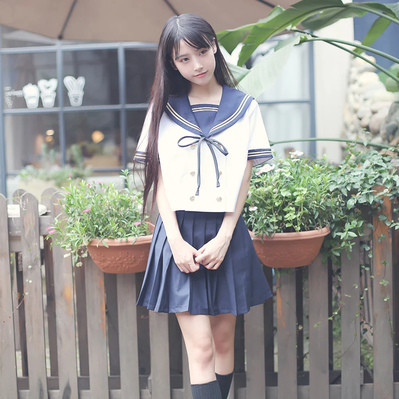 2017 summer Style Women Students Suit Skirt Japanese Knitted Cute Female Cotton Uniforms Sets Korean School Girls Uniform