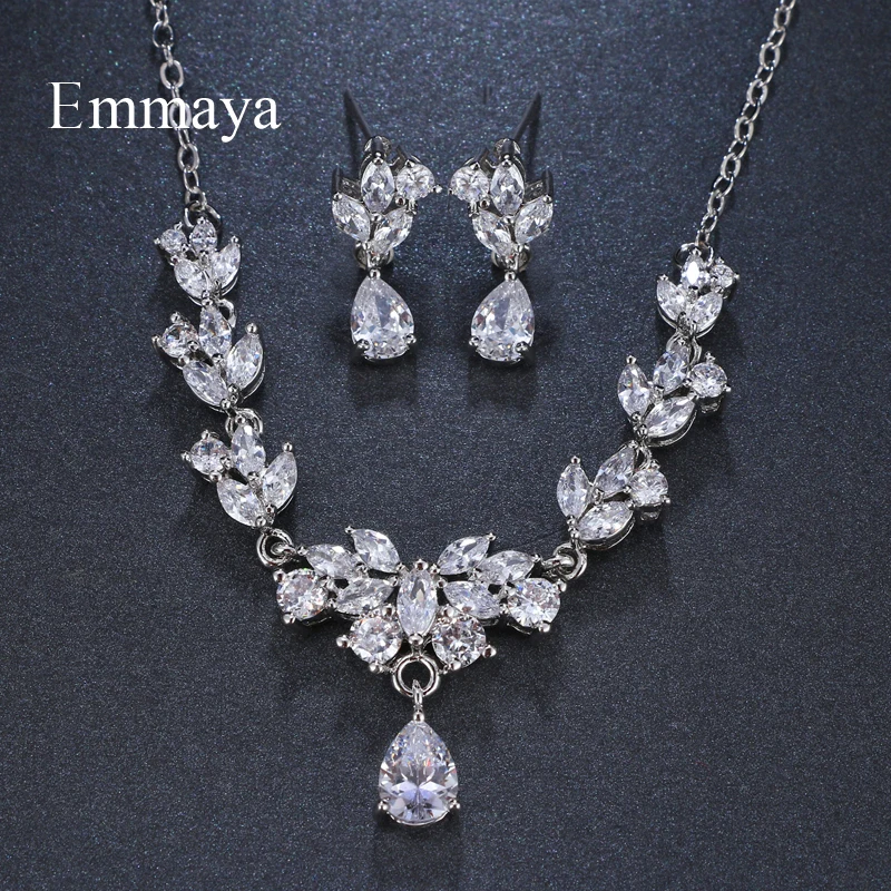 Emmaya Brand Gorgeous Charm Flower Shape Cubic Zircon Crystal Earrings Necklace Set For Women Bride Jewelry Gift