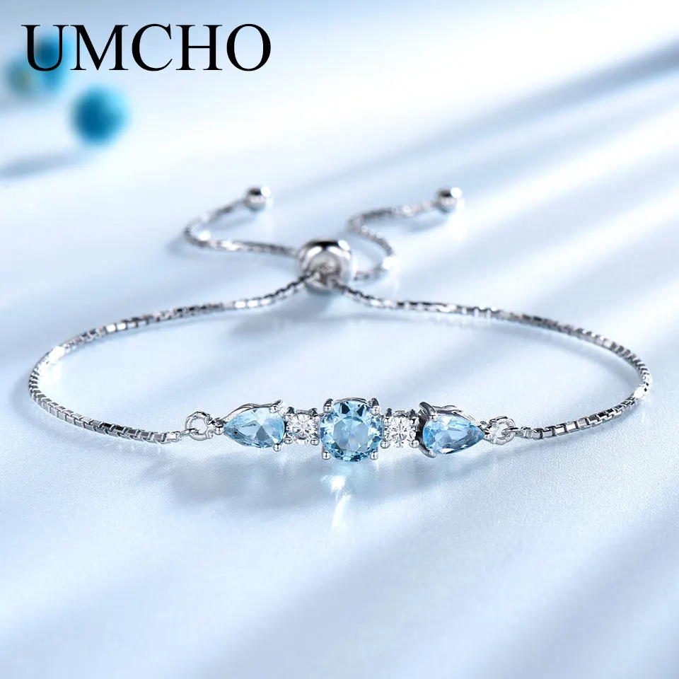 

UMCHO Real 925 Sterling Silver Bracelet Natural Sky Blue Topaz Bracelets Free expansion Romantic Fine Jewelry For Women Gift