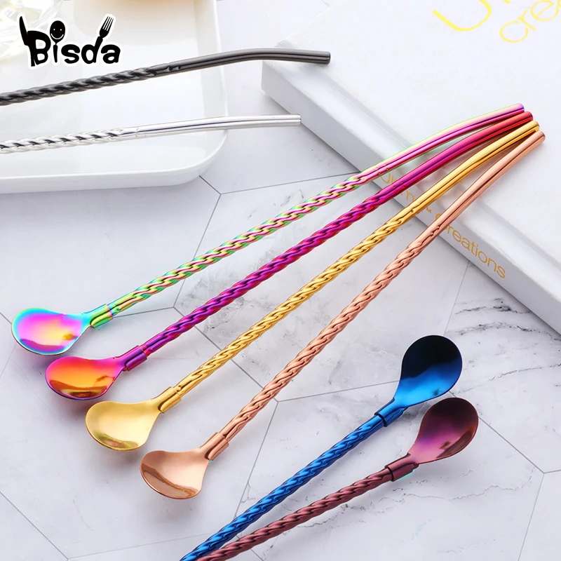 2Pcs Long Twisted Straw Spoon Portable Gold Tea Scoop Reusable Colored Stainless Steel Straws Black Dinnerware Set For Bar Party