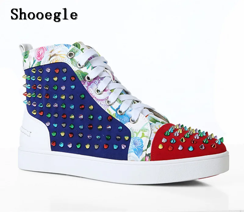 SHOOEGLE New Men Big Size 39-46 Spike Shoes Fashion Flats High-top Men Ankle Boots Printing Platform Colorful Rivets Studs Shoes