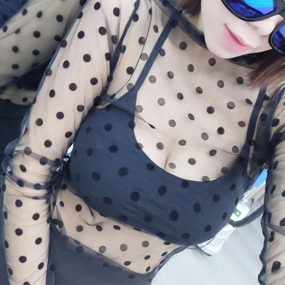 Sexy Striped Dot Print Embroidery Mesh Blouse Turtleneck Long Sleeve Shirts Hollow Out Lace Tops Polyester Mesh Shrt Perspective