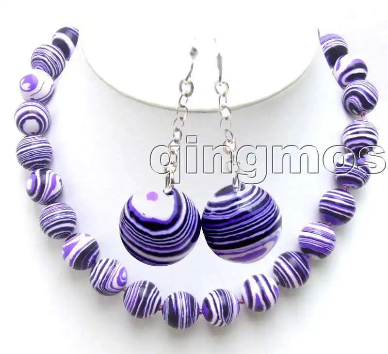 

Beautiful Big 14mm Round Purple Stripe Stone 18" necklace and earring set-nec5745