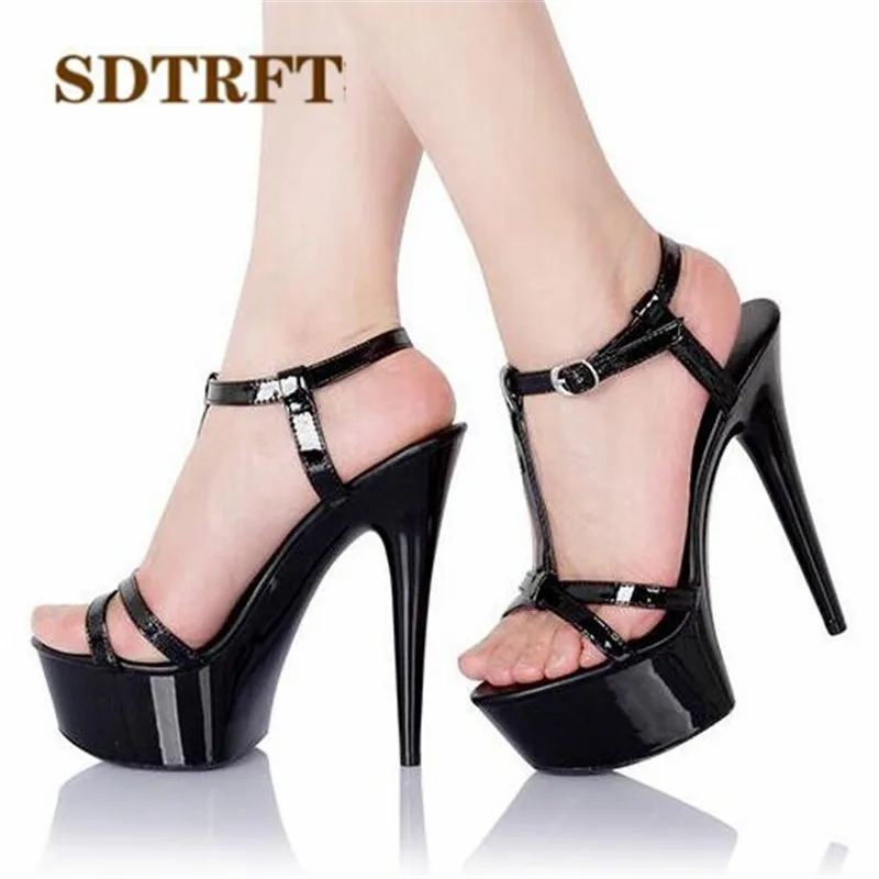 SDTRFT Plus:34-43 44 SUMMER Stilettos zapatos mujer Peep Toe sandals 15cm thin heels platform T-strap shoes woman wedding pumps