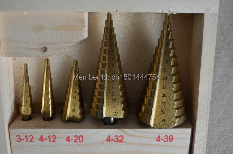 New 5pcs/set  HSS Metal drilling Step Drill Bit  Titanium Coated drill  3-12,4-12,4-20,4-32,4-39mmmm