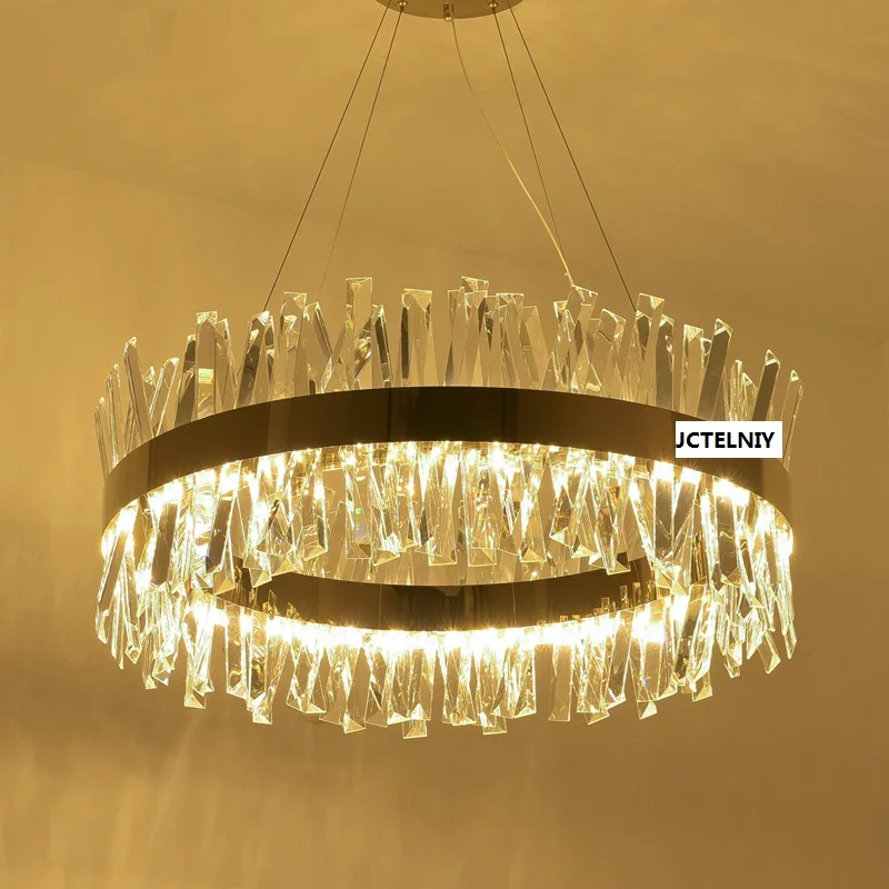 New Golden Crystal Chandelier Deluxe Living Room Light Round LED Stainless Steel Decorative Light