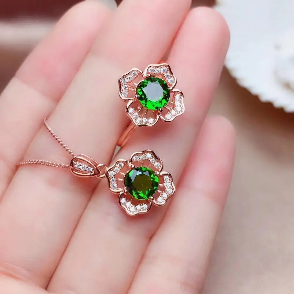 

charming green diopside gemstone ring and necklace jewelry set round natural gem good color cost effective girl birthday gift