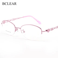 Bclear, armação de óculos meio aro de liga, prescrição óptica, semi-aro, armação de óculos para mulheres, óculos feminino