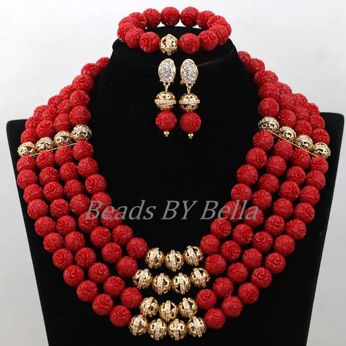 Traditional Red Coral Bridal Jewelry Sets Big Full Beads Nigerian Wedding Women African Costume Jewelry Set Free Shipping ABK091