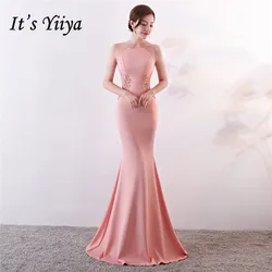 It's Yiiya Evening Dresses Royal O-neck Sleeveless Pearls Party gown Elegant Embroidery zipper back long Trumpet Prom dress C188