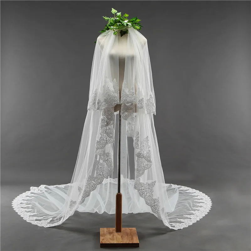 Bridal Veil Long 3.5M Two Layer Lace Edge Wedding Veil with Comb for  Tule Mariage Wedding Accessories