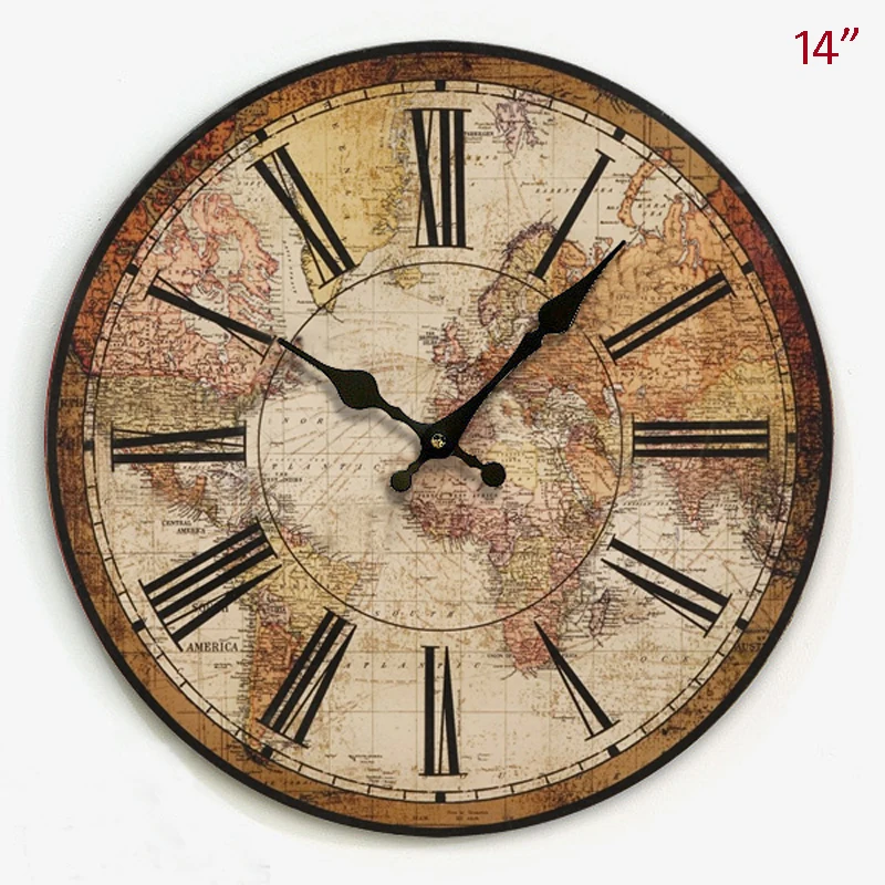 

Vintage World Map MDF 14 Inches Wall Clock Round American Country Side Accents Home Decor Single-Sided Wooden Hanging Clock