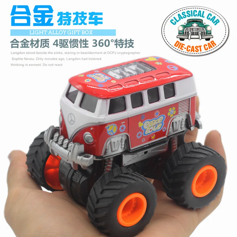 Alloy four-drive inertial cross-country T1 bus, retro Q cartoon model, Alloy toy car model, Children's toy cars.