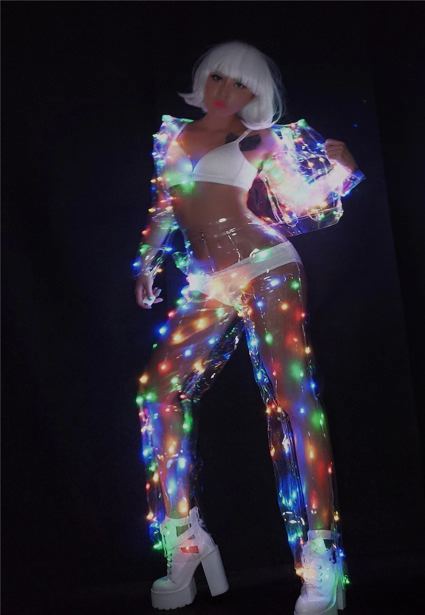 Female Sexy Perspective Color LED lights jacket pants Performance  Music Festival Nightclub Singer Dance Team DJ Disco Costume