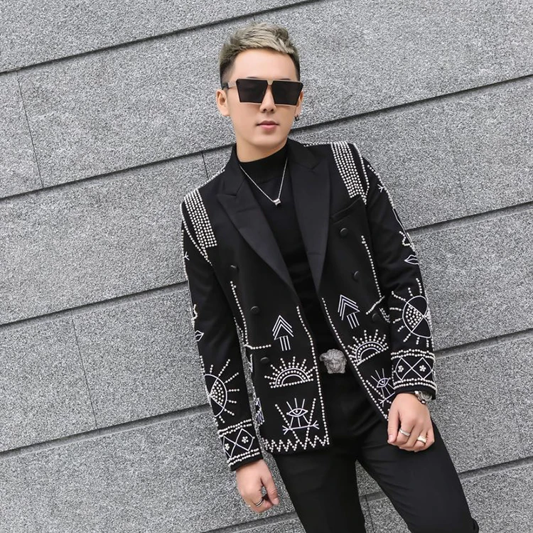 

Luxury mens black pearl beading jacket club/stage performance/studio/Asia size/this is only jacket