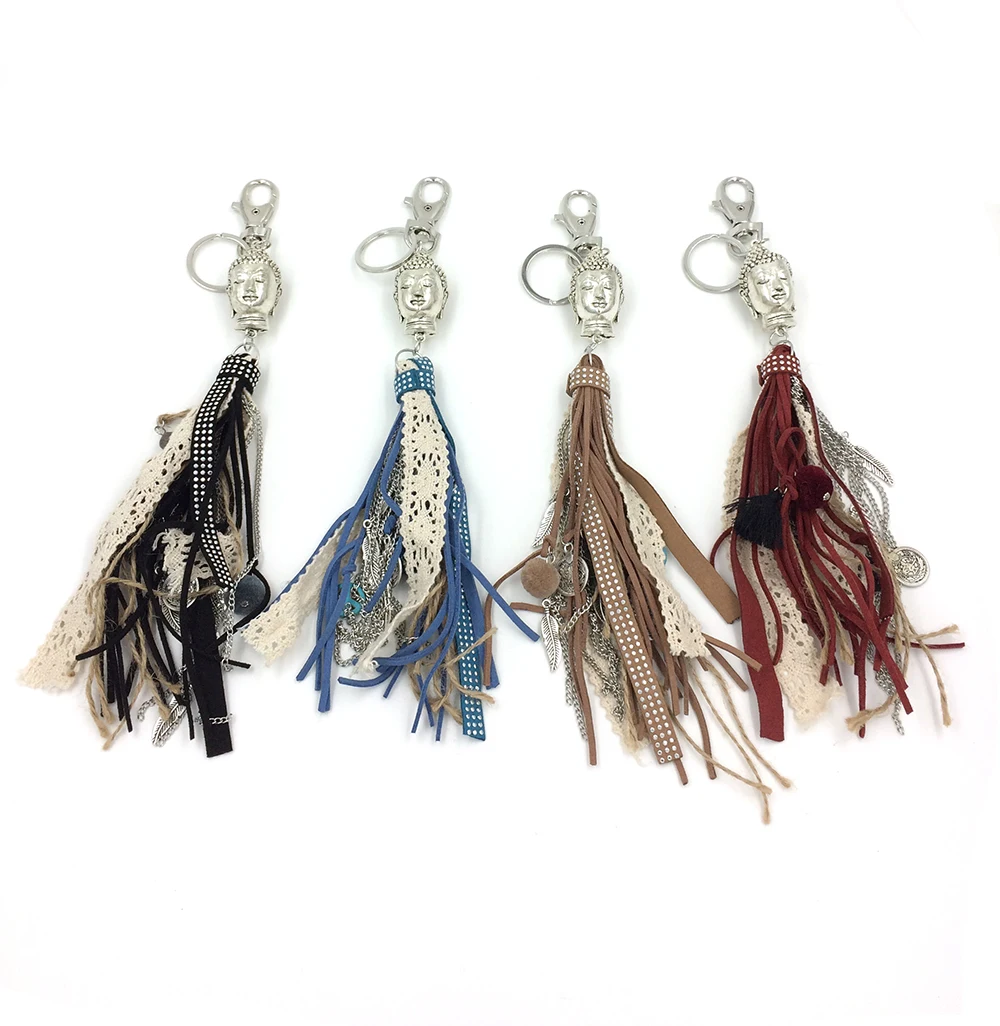 Fashion Car KeyChains Lanyards Key Ring Key Finders Feather Keychains Leather Tassel Buddha Pendants Bag Rings keyChains woman