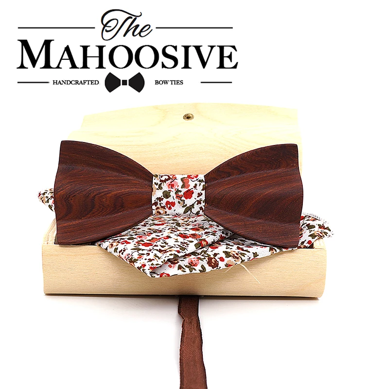 Mahoosive-pajarita de madera con estampado de flores para hombre, corbata delgada con estampado Floral, para boda