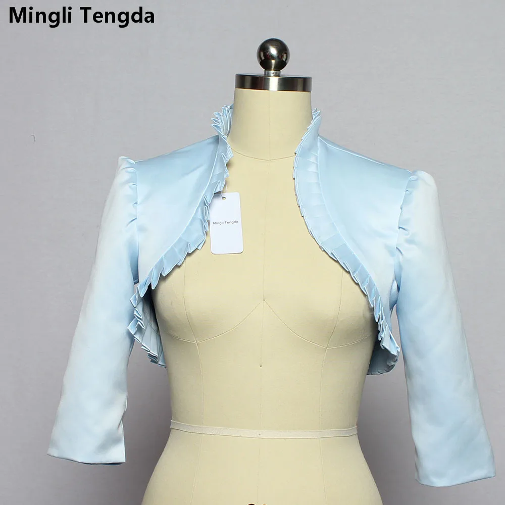 Mingli Tengda Sky Blue Stain Wedding Bolero Wraps Bridal Jacket Cape 3/4 Sleeves Wavy Ruffle Bridal Bolero Women Shawl Chest