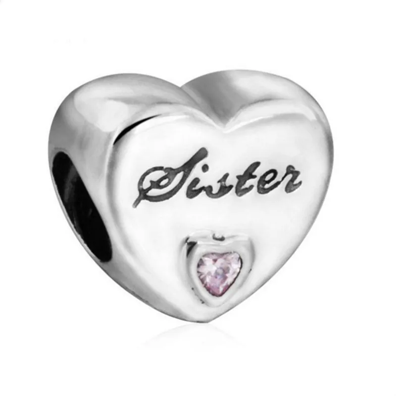 

Autumn Sister's Love Heart Charms With Pink CZ 925 Sterling Silver Brand Jewelry Crystal Heart Beads Fit Pandora Bracelet