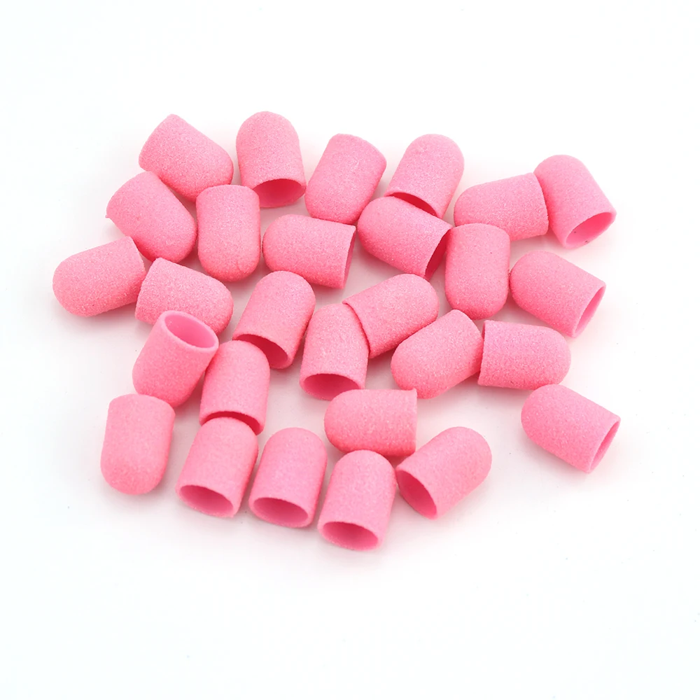 50pcs 10*15mm Pink Plastic Sanding Caps Rubber Nail Files Drill Foot Cuticle Milling for Manicure Pedicure Accessories