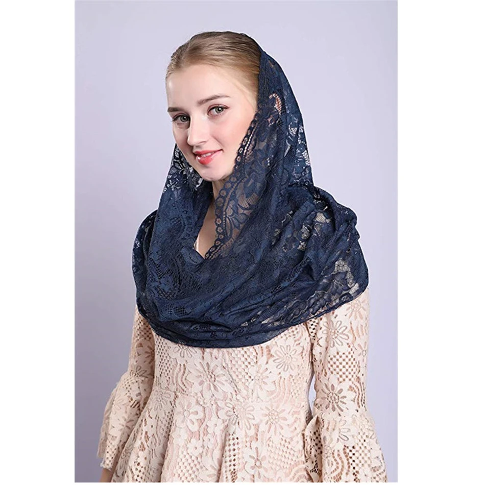 Véu mantilla para mulheres, renda azul marinho, véu católico para a cabeça da igreja, missa em latim, véu para capela negra, véu para mulheres