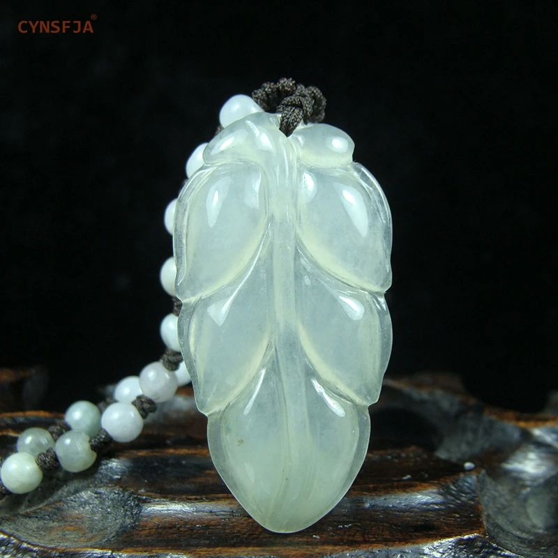 

CYNSFJA Real Rare Certified Natural Grade A Burmese Jadeite Career Leaf Jade Pendant Ice Hand Carved High Quality Best Gifts