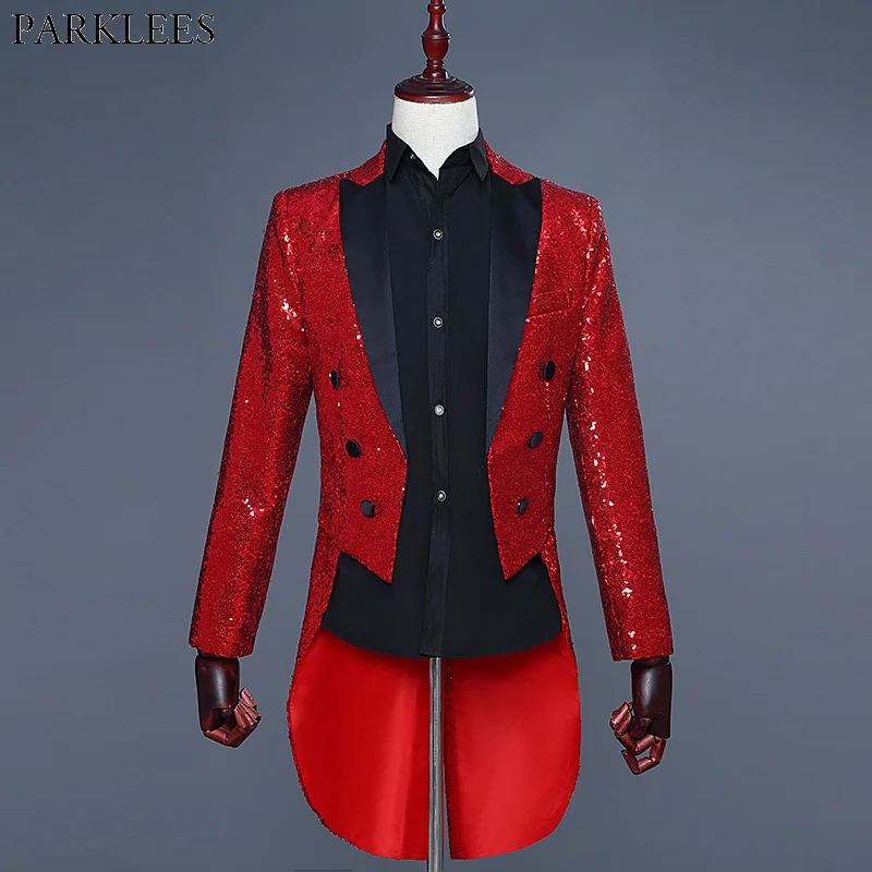 

Shiny Red Sequin Glitter Embellished Tuxedo Blazer Men Nightclub DJ Party Wedding Tailcoat Suits Mens Stage Singer Costume Homme