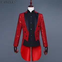 Shiny Red Sequin Glitter Embellished Tuxedo Blazer Men Nightclub DJ Party Wedding Tailcoat Suits Mens Stage Singer Costume Homme