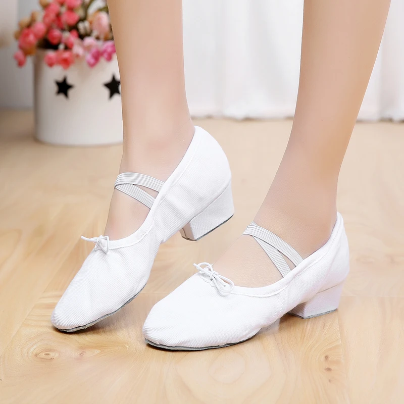 New Arrival Women\'s Canvas Leather Dance Shoes Square Low Heel Practice Shoes Ladies Ballet Dancing Shoes 4 Color Optional