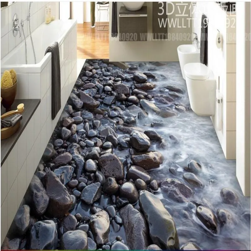 wellyu Custom large murals river stone bathroom 3Dpvc thick waterproof and wear-resistant material floor tiles wallpaper