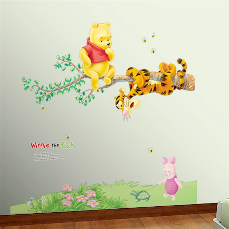 Winnie The Pooh On Tree Wall Stickers For Kids Bedroom Decoration Cartoon Animals Wall Mural Art Diy Home Decals Poster