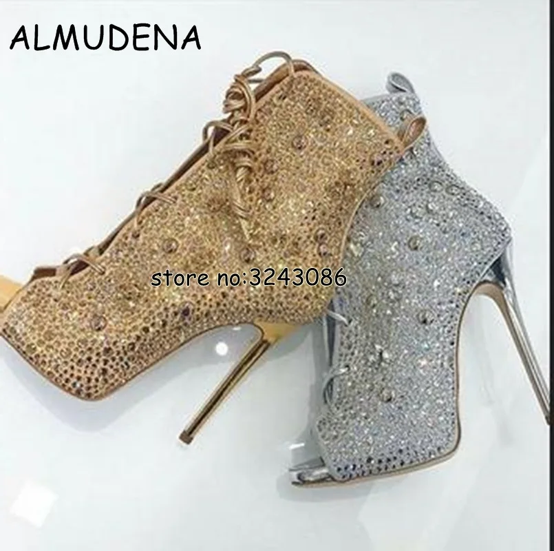 Botines con cordones y diamantes de imitación para mujer, botas de tacón alto fino con punta abierta, sandalias de estilo romano