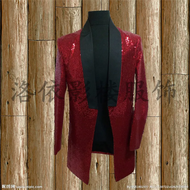 mens stage performance red full sequined long tuxedo jacket stage wear/singing/bar/event/club/performance acket