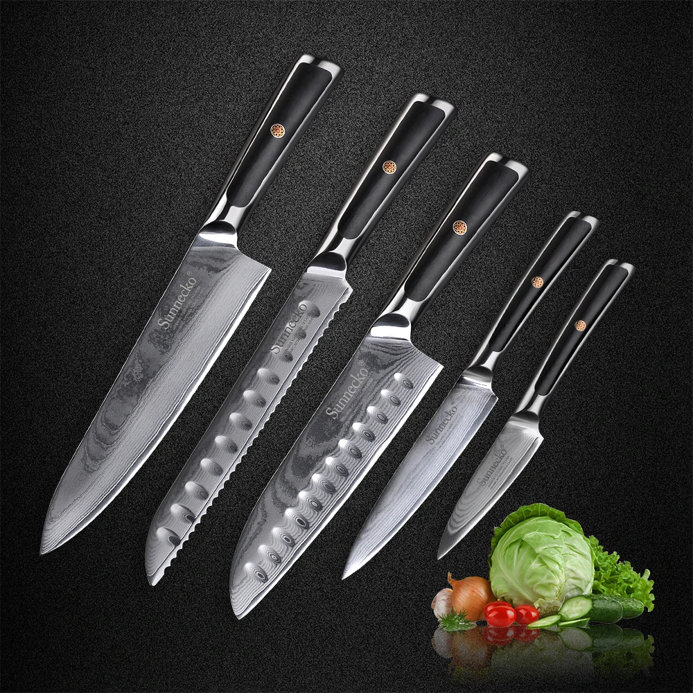 SUNNECKO Damascus Kitchen Knives Set Japanese VG10 Steel Meat Cutter G10 Handle High Quality Chef Utility Slicer Paring Knife