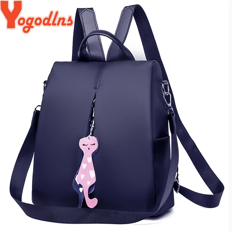 Yogodlns Women Backpack New Fashion Oxford Bag Solid Color Travel Backpack Ladies Small Backpack With Cat Pendant